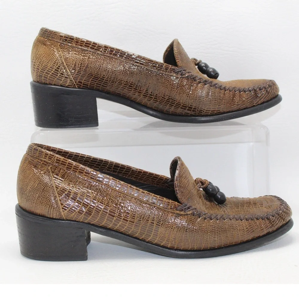 Stuart Weitzman Brown Lizard Embossed‎ Leather Tassel Loafers Block Heel 6.5B